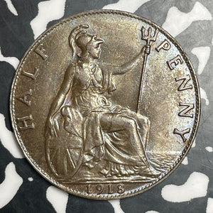 1918 Great Britain 1/2 Penny Half Penny Lot#E9789 High Grade! Beautiful!