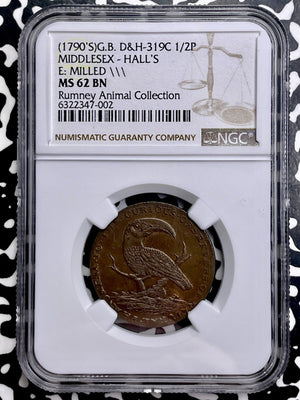 (1790s) G.B. Middlesex Hall's 1/2 Penny Conder Token NGC MS62BN Lot#G9807 Toucan