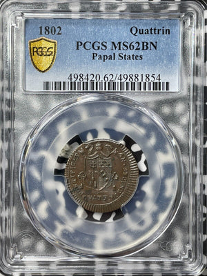 1802 Papal States 1 Quattrino PCGS MS62BN Lot#G8230 Nice UNC! Top Graded!