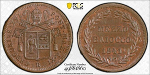 1841-R Papal States 1/2 Baiocco PCGS MS63BN Lot#G8236 Top Graded! KM#1319