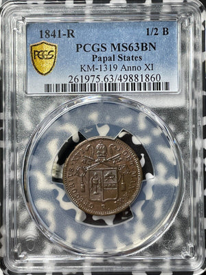 1841-R Papal States 1/2 Baiocco PCGS MS63BN Lot#G8236 Top Graded! KM#1319