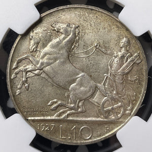 1927-R Italy 10 Lire NGC MS63 Lot#G9035 Silver! Choice UNC! Edge 'Fert'