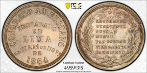 1864 Peru Latin American Congress Medal PCGS MS63 Lot#G7779 Silver! Choice UNC!