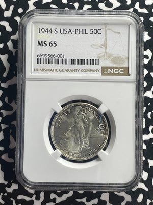 1944-S U.S. Philippines 50 Centavos NGC MS65 Lot#G816 Silver! Gem BU!