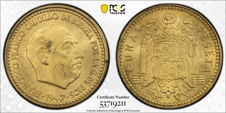 1947 (53) Spain 1 Peseta PCGS MS64 Lot#G3658 Choice UNC!