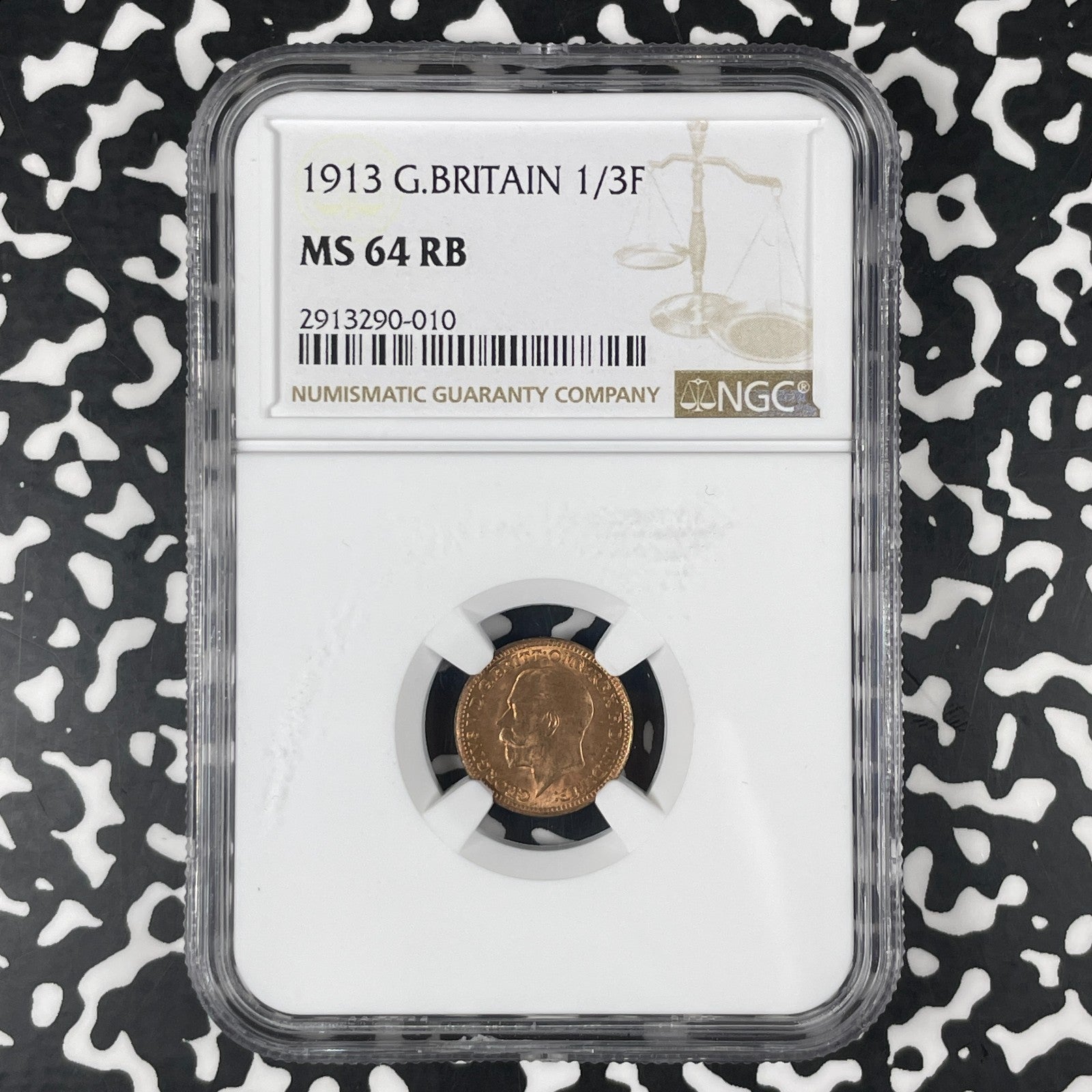 1913 Great Britain 1/3 Farthing NGC MS64RB Lot#G1799 Choice UNC!