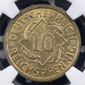 1929-E Germany 10 Pfennig NGC MS65 Lot#G9142 Gem BU! Solo Top Graded!