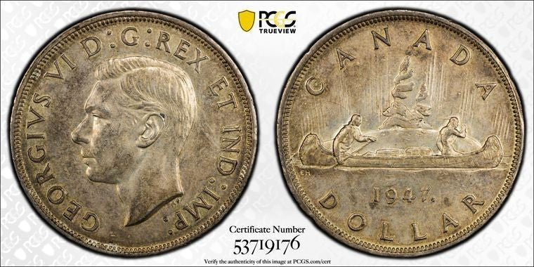 1947 Canada $1 Dollar PCGS AU55 Lot#G3684 Silver! Key Date! Maple Leaf Double HP