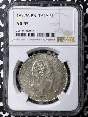 1872-M BN Italy 5 Lire NGC AU55 Lot#G9032 Large Silver!