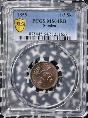 1855 Sweden 1/3 Skilling PCGS MS64RB Lot#G9399 Choice UNC!