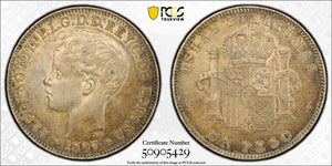 1897-SG V Spanish Philippines 1 Peso PCGS AU55 Lot#G9372 Silver! Calico-122