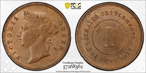 1897 Straits Settlements 1 Cent PCGS MS63BN Lot#G801 Choice UNC!