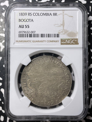 1839-RS Colombia Bogota 8 Reales NGC AU55 Lot#G8616 Large Silver Coin!