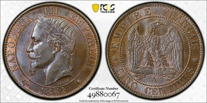 1861-A France 5 Centimes PCGS MS63BN Lot#G8162 Choice UNC! Gad-155, F-117