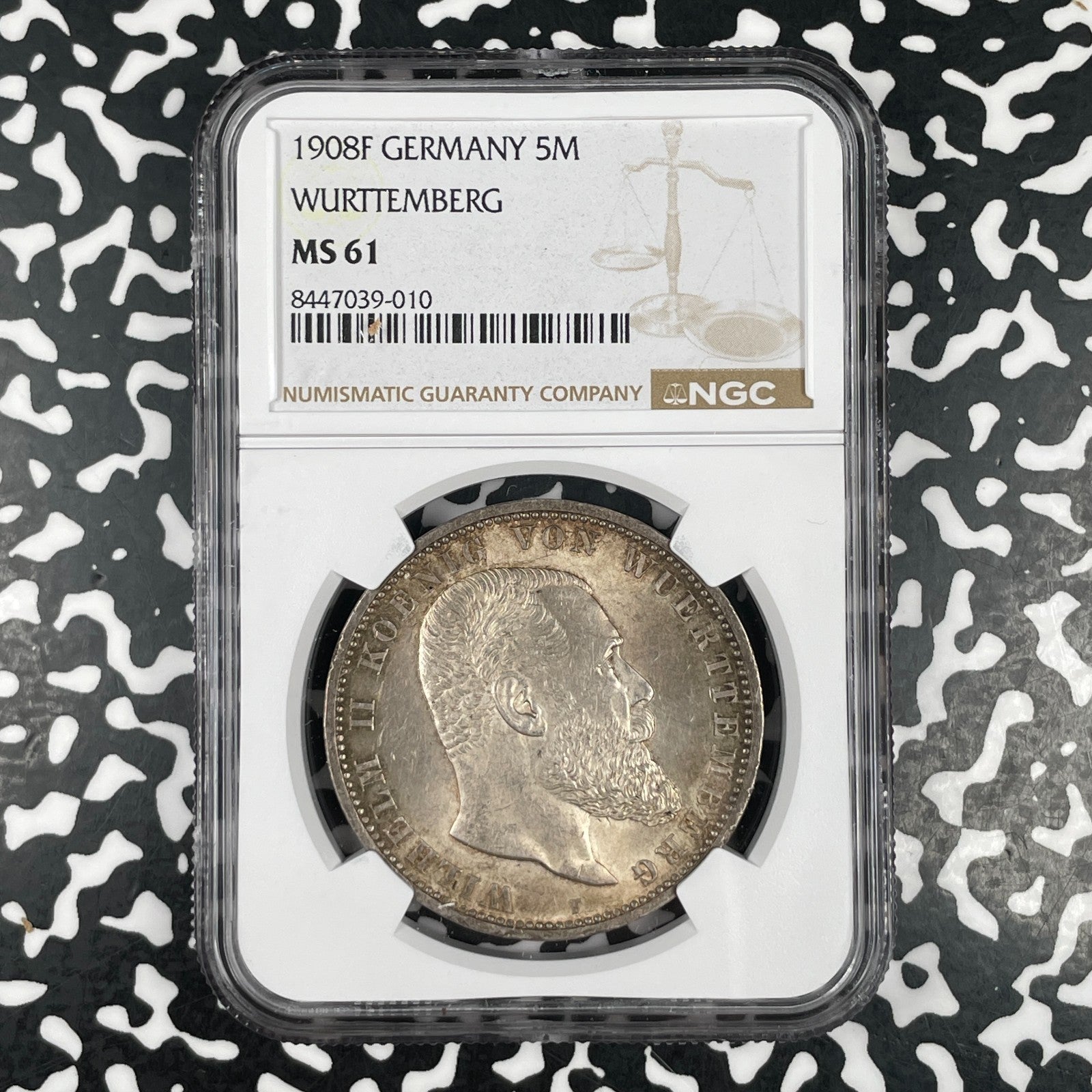1908-F Germany Wurttemberg 5 Mark NGC MS61 Lot#G3505 Silver! Nice UNC!