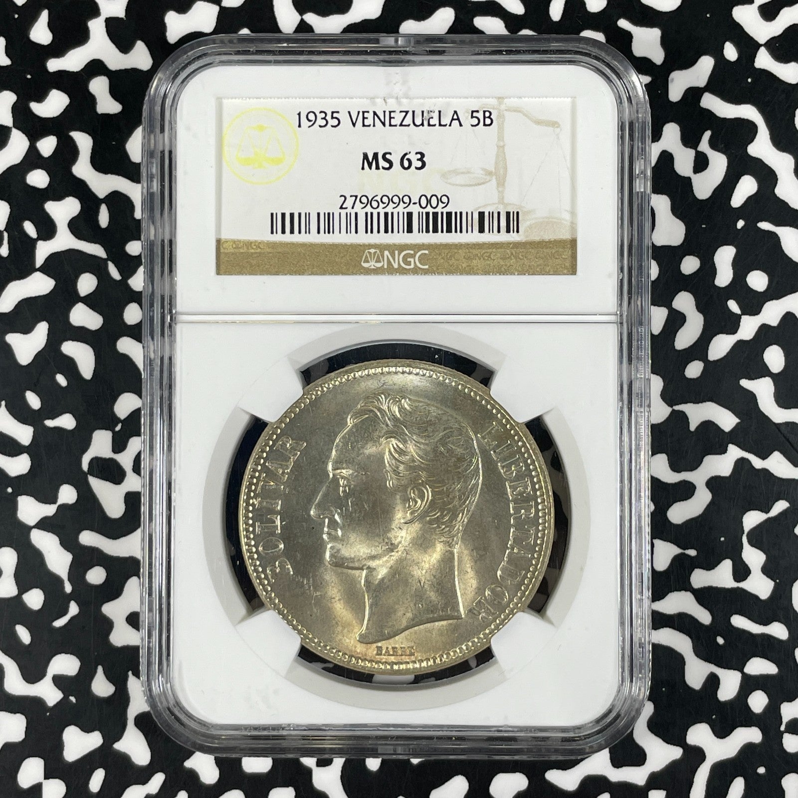 1935 Venezuela 5 Bolivares NGC MS63 Lot#G2109 Large Silver! Choice UNC!