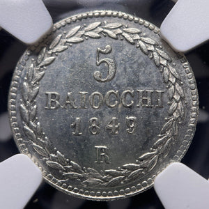 1849-R Papal States 5 Baiocchi NGC MS62 Lot#G9025 Silver! Nice UNC!