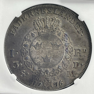 1776-OL Sweden 1 Riksdaler NGC AU55 Lot#G815 Large Silver! DAV-1735 Large Cross