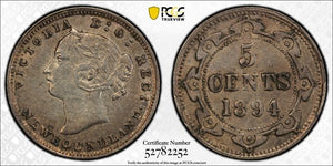 1894 Newfoundland 5 Cents PCGS XF40 Lot#G305 Silver!