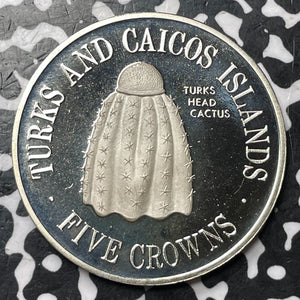 1975 Turks & Caicos 5 Crowns Lot#D9924 Large Silver Coin! Proof! KM#76, Cactus