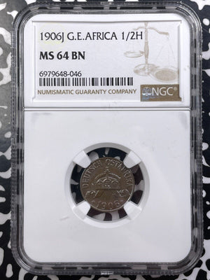 1906-J German East Africa 1/2 Heller NGC MS64BN Lot#G9119 Choice UNC!