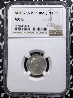 AH 1375 (1955) Iraq 20 Fils NGC MS61 Lot#G9090 Silver! Nice UNC!