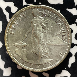 1920 U.S. Philippines 50 Centavos Lot#T5202 Silver! Nice Detail, Old Cleaning