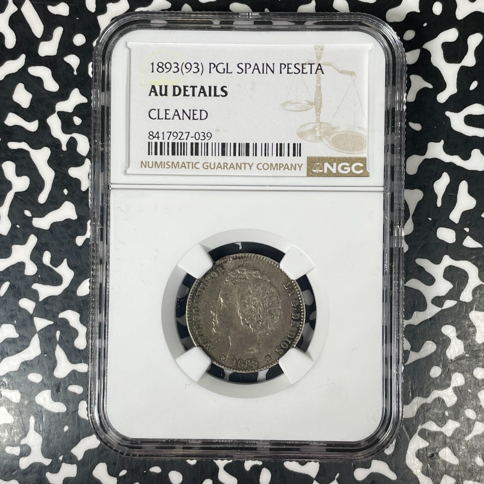1893 (93) Spain 1 Peseta NGC Cleaned-AU Details Lot#G1551 Silver!