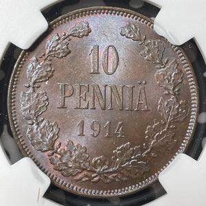 1914 Finland 10 Pennia NGC MS63BN Lot#G8884 Choice UNC!