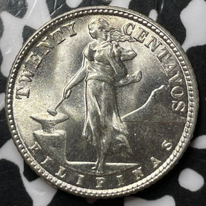1945-D U.S. Philippines 20 Centavos Lot#D7834 Silver! High Grade! Beautiful!