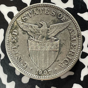 1907 U.S. Philippines 50 Centavos Lot#T5220 Silver! Beautiful Detail, Cleaned