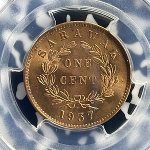 1937-H Sarawak 1 Cent PCGS MS65RD Lot#G717 Gem BU!