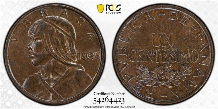 1935 Panama 1 Centesimo PCGS AU58 Lot#G1719