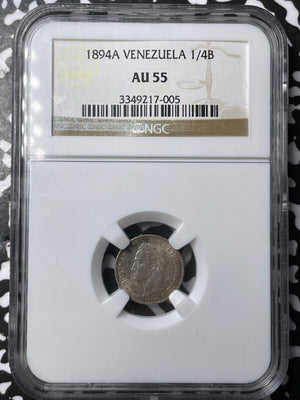 1894-A Venezuela 1/4 Bolivar NGC AU55 Lot#G6949 Silver!