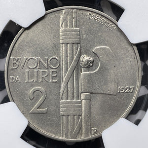 1927-R Italy 2 Lire NGC AU58 Lot#G7477 Silver! Key Date!