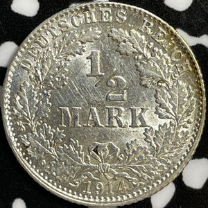 1914-D Germany 1/2 Mark Half Mark Lot#D6984 Silver! Nice! Better Date