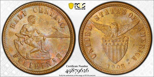 1903 U.S. Philippines 1/2 Half Centavo PCGS MS64BN Lot#G8325 Beautiful Toning!