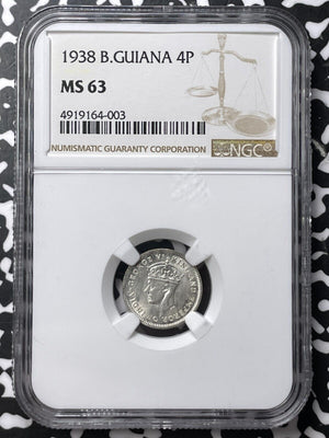 1938 British Guiana 4 Pence Fourpence NGC MS63 Lot#G7415 Silver! Choice UNC!