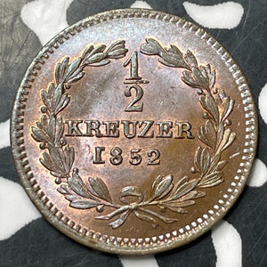 1852 Germany Baden 1/2 Kreuzer Half Kreuzer Lot#E8818 High Grade! Beautiful!