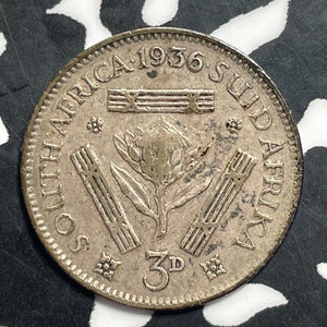 1936 South Africa 3 Pence Threepence Lot#T1474 Silver! Nice!