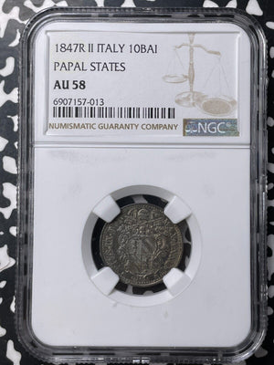 1847-R Papal States 10 Baiocchi NGC AU58 Lot#G9028 Silver! Top Graded!