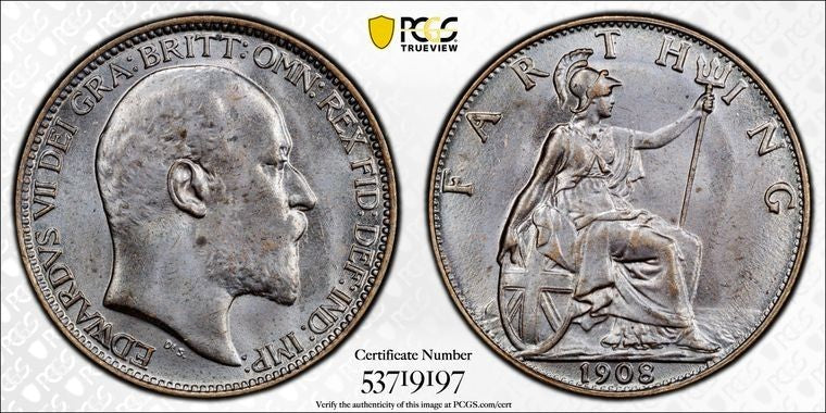 1908 Great Britain Farthing PCGS MS65 Lot#G3703 Gem BU! Blackened Finish