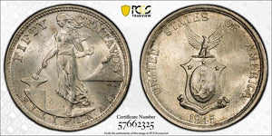 1945-S U.S. Philippines 50 Centavos PCGS MS65 Lot#G781 Silver! Gem BU!