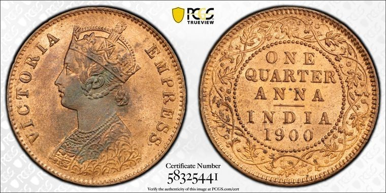 1900-(C) India 1/4 Anna PCGS MS64RB Lot#G3617 Choice UNC! SW#6.550, Prid-633