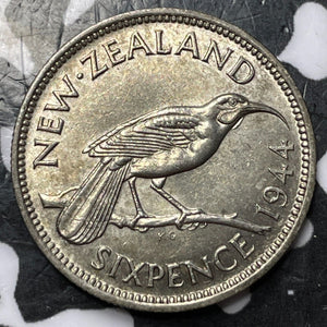 1944 New Zealand 6 Pence Sixpence Lot#D7421 Silver! High Grade! Beautiful!