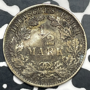 1917-J Germany 1/2 Mark Half Mark Lot#T9989 Silver!