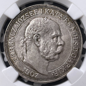 1907-KB Hungary 5 Corona NGC MS63 Lot#G8695 Silver! Choice UNC!