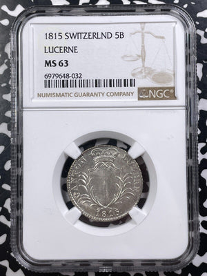 1815 Switzerland Lucerne 5 Batzen NGC MS63 Lot#G9106 Silver! Choice UNC!