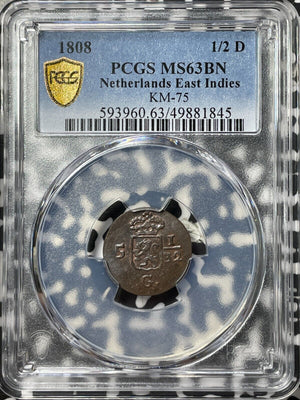 1808 Netherlands East Indies 1/2 Duit PCGS MS63BN Lot#G8223 Choice UNC! KM#75