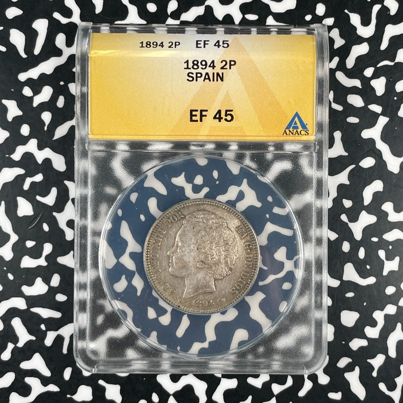 1894 Spain 2 Pesetas ANACS XF45 Lot#G3404 Silver!